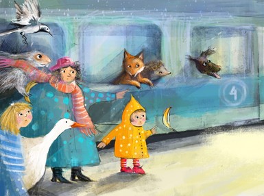 Kinderbuchillustration mit Kindern und Tieren im Lesezug 